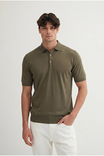 Silk and Cashmere Haki Kevin Kısa Kollu Polo Yaka Triko