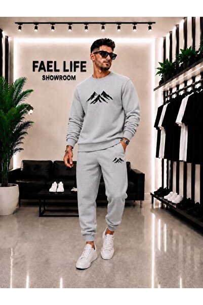 FAEL LİFE Unisex Wide Cut Zero Neckline and Sweatpants Mountain View Printed Set