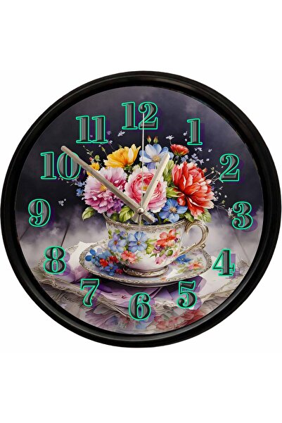 Caseras Decorative Wall Clock with Vintage Cup Design and Flower Bouquet 28 c...