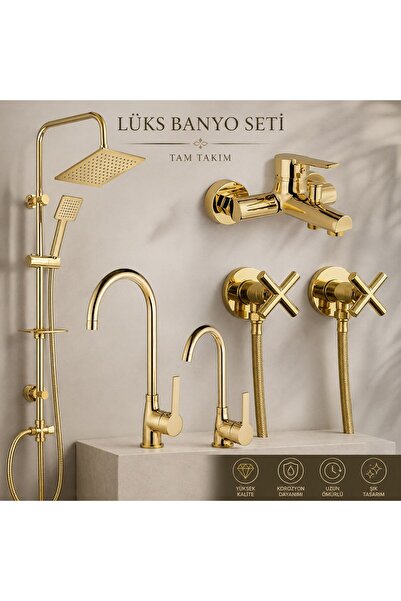 Viosa Gold Mutfak Lavabo Banyo Bataryası Musluk Duş Seti Taharet Musluğu Komp...