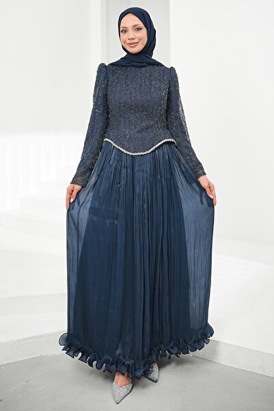 İmajButik Navy Blue Sequined Top and Ruffled Skirt Evening Dress