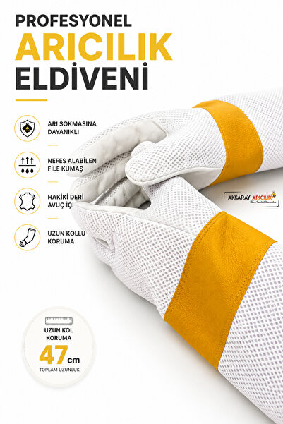 Aksaray Arıcılık Profesyonel Arıcılık Eldiveni, Hakiki Deri Avuç İçi, Tam Hava Geçirgen File Kumaş, Uzun Kollu Koruma