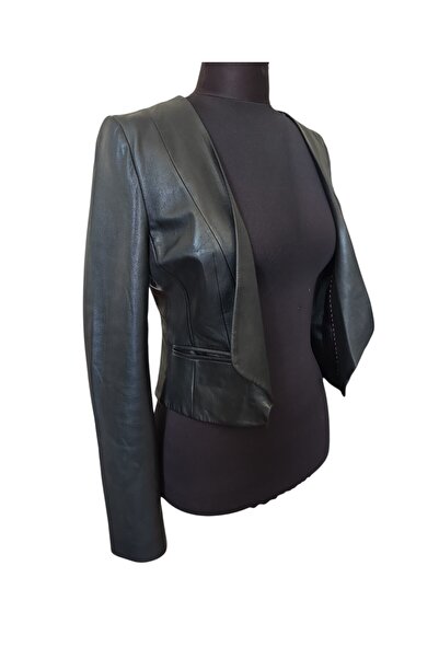 asus deri Women's Black Genuine Leather Crop Blazer Jacket
