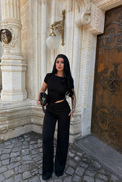 Siner Fashion Kadın Siyah Kayık Yaka Bluz Pantolon Pamuklu Takım