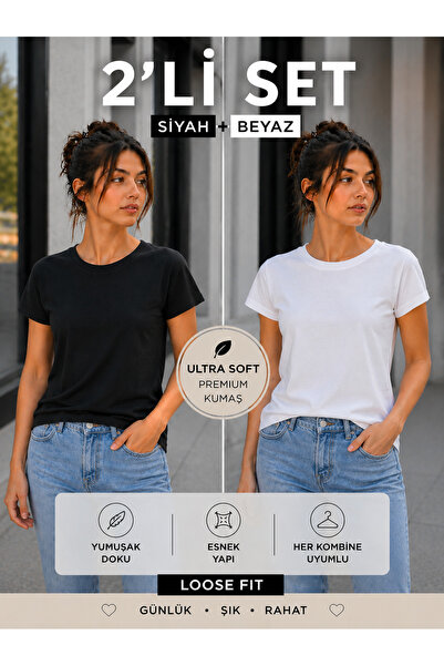 Hayalet 2'li Set Kadın Premium Pamuk Basic T-Shirt Bisiklet Yaka Kısa Kollu L...
