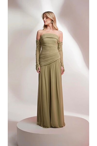 saher-alshrek Georgette Pleated Dress in Olive