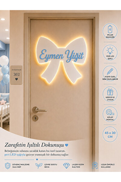 baskigo.com LED Işıklı Kişiye Özel Kurdele Kapı Süsü İsimli Bebek Odası Dekor...