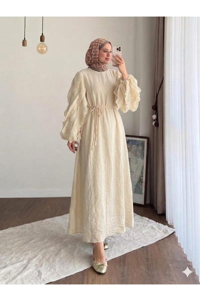 Miraydın Butik Women's Modal Dress with Ruffled Sleeves M2648 - Beige
