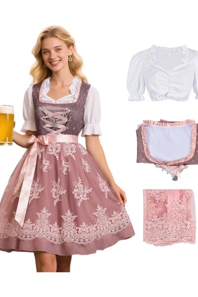 OEM Rochie pentru Oktoberfest Băwe rian Dirndl Tradițională Din Dantelă Roz S