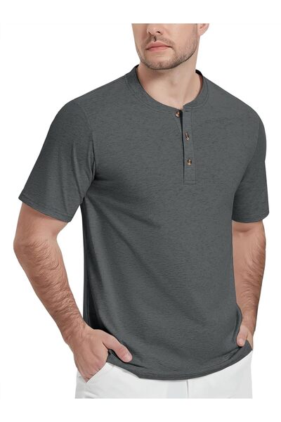 OEM KEFITEVD Tricou Polo Bărbătesc Henley din Bumbac Mâneci Scurte Gri L