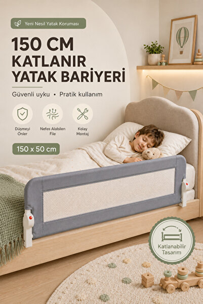 Babylike 150 cm Katlanır Yatak Bariyeri Gri - Bebek Çocuk Güvenlik Bariyeri, ...