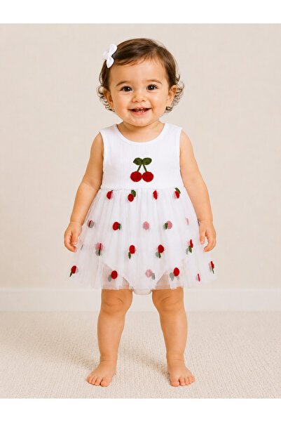 LİLİYUM 100% Cotton Baby Girl Cherry Embroidered Tulle Body Dress White (6-9-...