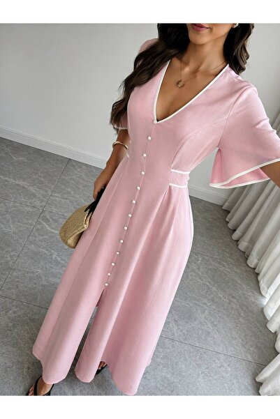 kendii modamm Black/Pink Pearl Button Detail Belted V-Neck Summer Long Dress ...