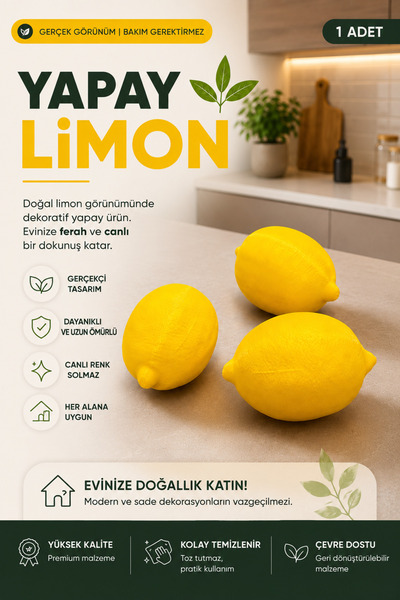 Rex Aksesuar Dekoratif Yapay Limon 1 Adet Gerçekçi Görünümlü Mutfak ve Ev Dekoru