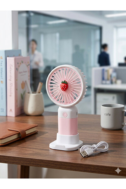 Premium Ticaret Çilek Tasarımlı Taşınabilir Mini Fan – Şarj Edilebilir, Masaüstü Standlı El Fanı