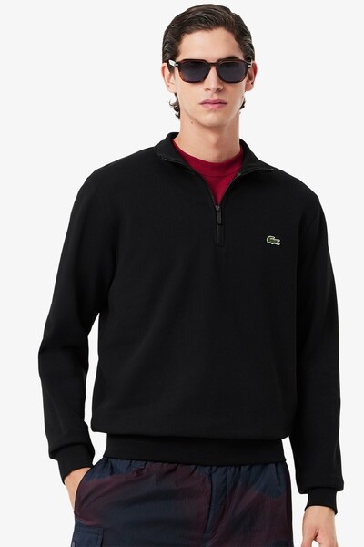 Lacoste سترة رياضية من الصوف بسحاب أمامي وياقة عالية للرجال باللون الأسود