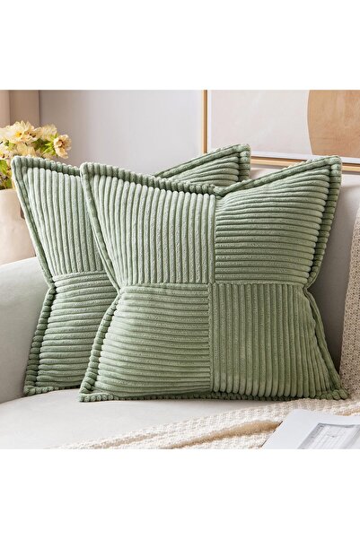 Arabest 2-Pack 18x18 Sage Green Corduroy Pillow Covers, Boho Striped Patchwor...