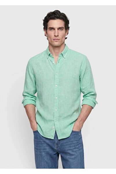 Ramsey Yeşil Düz Casual Fit Uzun Dokuma Casual %100 Keten Gömlek