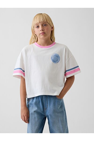 GAP Kız Çocuk Kırık Beyaz Oversized Grafik Baskılı T-Shirt