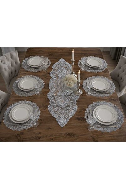 Lena Maison Fransız Danteli Runner ve Supla Takımı 6 Kişilik Gri