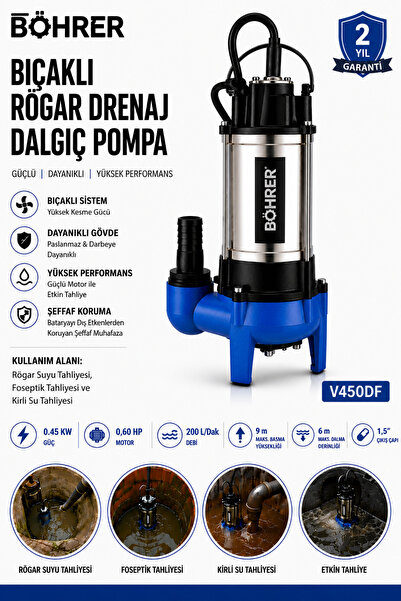 BÖHRER V450DF Bıçaklı Rögar Drenaj Dalgıç Pompa 0.60 HP 200 L/Dak Kirli Su ve...