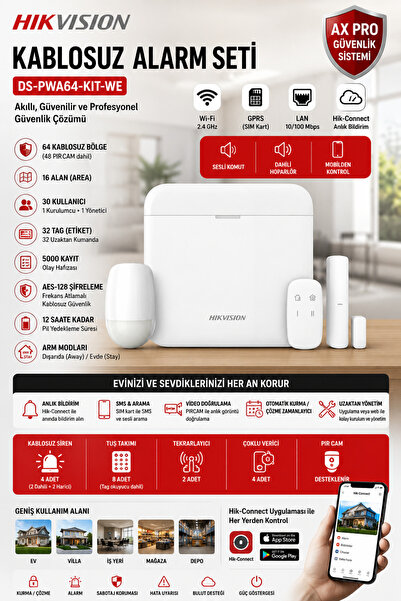 Hikvision KABLOSUZ ALARM SETİ DS-PWA64-KİT-WE / Hırsız Alarm Sistemi / Akıllı...
