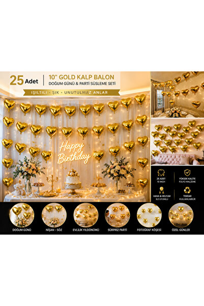 Dizayn Parti Evi 25 Adet Kalp Folyo Balon Seti 5 İnç & 10 İnç Gold Renk Doğum...