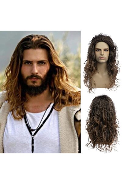 OEM Perucă lungă, ondulată, maro, pentru bărbați – Păr sintetic pentru petrec...