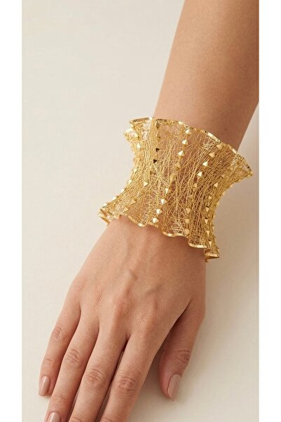 NYR Gold Silver 925 Ayar Gümüş Piramit Kesim Tül Kelepçe Geniş Dalgalı Bileklik