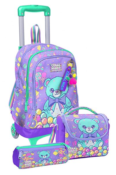 Coral High Three-Wheeled Trolley Primary School Bag Set Purple Green Teddy Be...