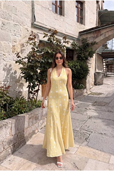KENZA'A TRİKO Parçalı Puantiyeli Sırt Dekolteli Elbise