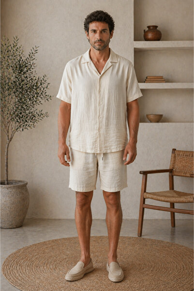 MYDARKSTYLE Men's Short Sleeve Wrinkled Shirt Shorts Set
