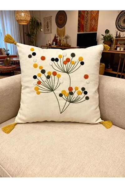 elfnur 1 Pc) Punch Embroidered Cushion Cover with Tassels 43X43Cm