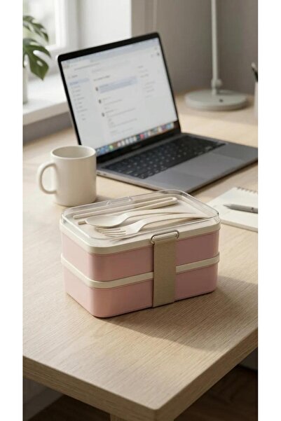 yuzi home Yuzi İki Katlı Lunch Box Çatal Kaşıklı Beslenme Kutusu Sızdırmaz Ye...