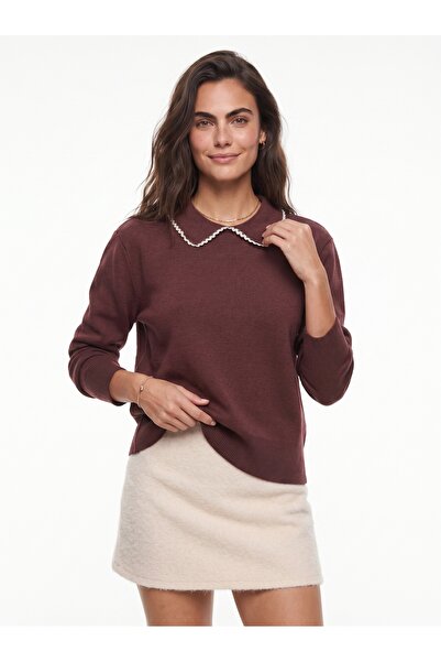 ONLOOX Plum Acrylic Blended Long Sleeve Baby Collar Lace Detailed Relaxed Cut...