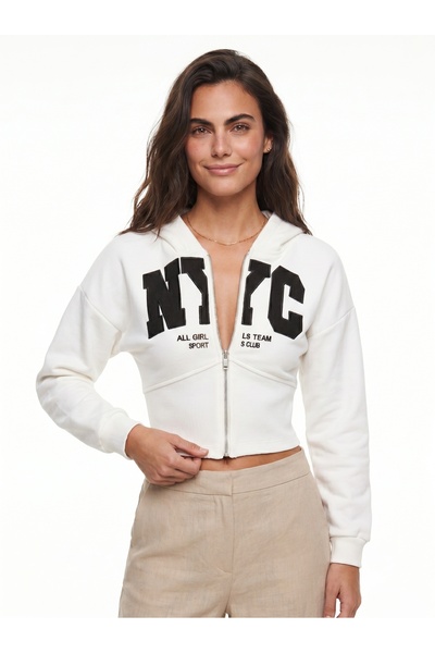 ONLOOX White Cotton Hooded Crop Three-Thread Raster Embroidered Nyc Embroider...