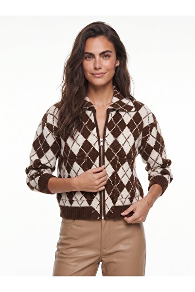 ONLOOX Coffee Ecru Stretchy Knitwear Textured Polo Collar Diamond Patterned C...