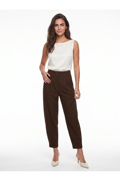 ONLOOX Bitter Brown Woven Fabric High Waist Balloon Cut Pants with Double But...