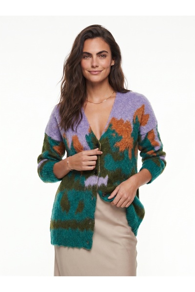 ONLOOX Petrol Colored Patterned Textured V-Neck Off-Shoulder Buttoned Standar...