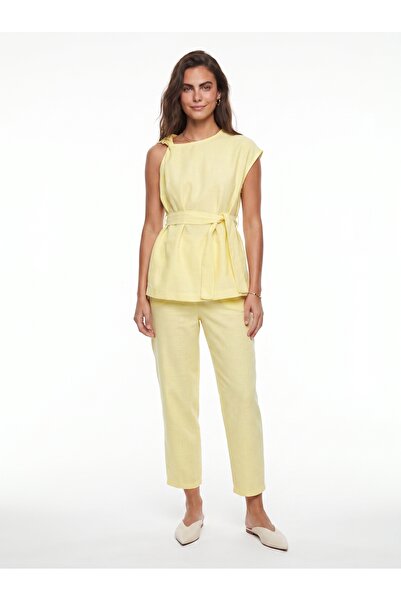 ONLOOX Lemon Yellow Cotton Fabric Shoulder Knot Detail Belted Linen Look Top ...