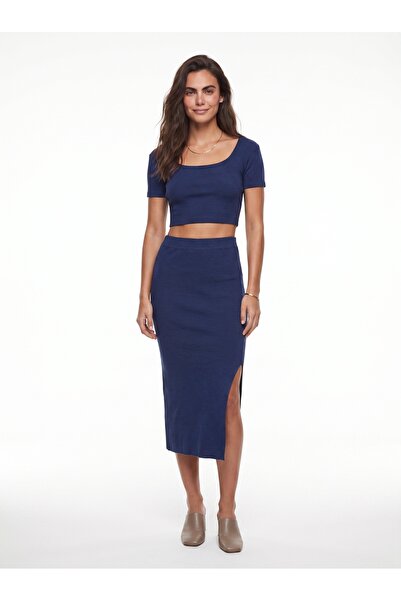 ONLOOX Navy Blue Cotton Camisole Square Neck Short Sleeve Crop Top with Slit ...