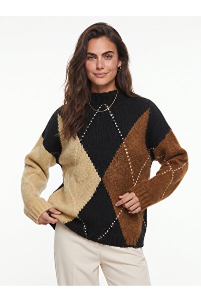 ONLOOX Black Mink Flexible Acrylic Fabric Half Turtleneck Argyle Pattern Stan...