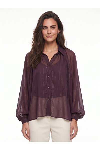 ONLOOX Purple Chiffon Fabric Classic Collar Bat Sleeve Flowy Form Sim Detaile...