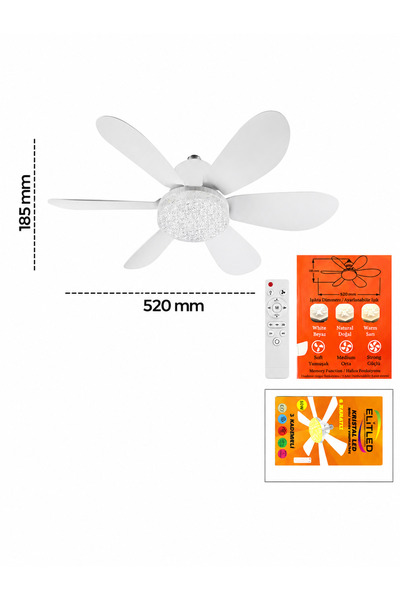 DoruCO Kristal LED Işıklı Tavan Vantilatörü 6 Kanatlı Kumandalı 30W E27 – 3 K...