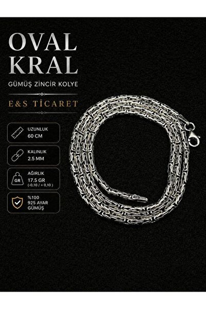 E&S Ticaret Erkek Oval Kral Gümüş Zincir Kolye 2.5 MM 925 Ayar Gümüş Oksitli