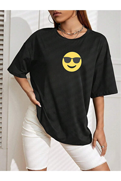 JENOLAN تي شيرت للجنسين للنساء/الفتيات مع نظارات Emoji مقاس كبير Salas Boyfriend
