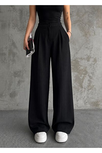 Mivelya Women's Striped Fabric Trousers Black