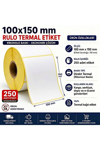 KARTALLAR ETİKET 100x150 mm Eko Termal Barkod Etiketi 250 Sarım 1 Rulo Kargo ...