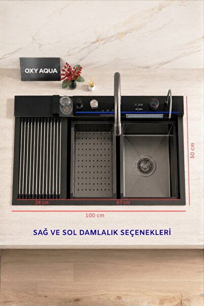 OXYAQUA Vega 100x50 cm Sağ ve Sol Damlalıklı Akıllı Teknolojik Eviye Seti Pas...