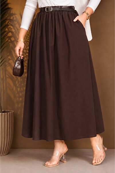 ASTEMİA Women's Belted Pocketed Maxi Length Summer Skirt Sb0042